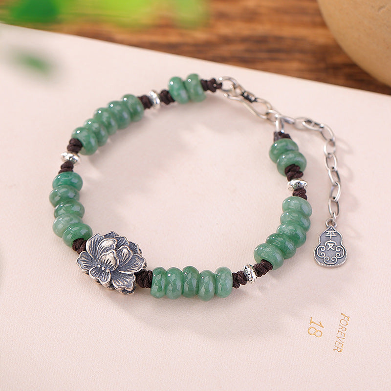 Yilu Silver S925 Sterling Silver Jade Vintage Distressed Peace Happy Gourd Lotus Braided Rope Bracelet Abacus Beads Bracelet