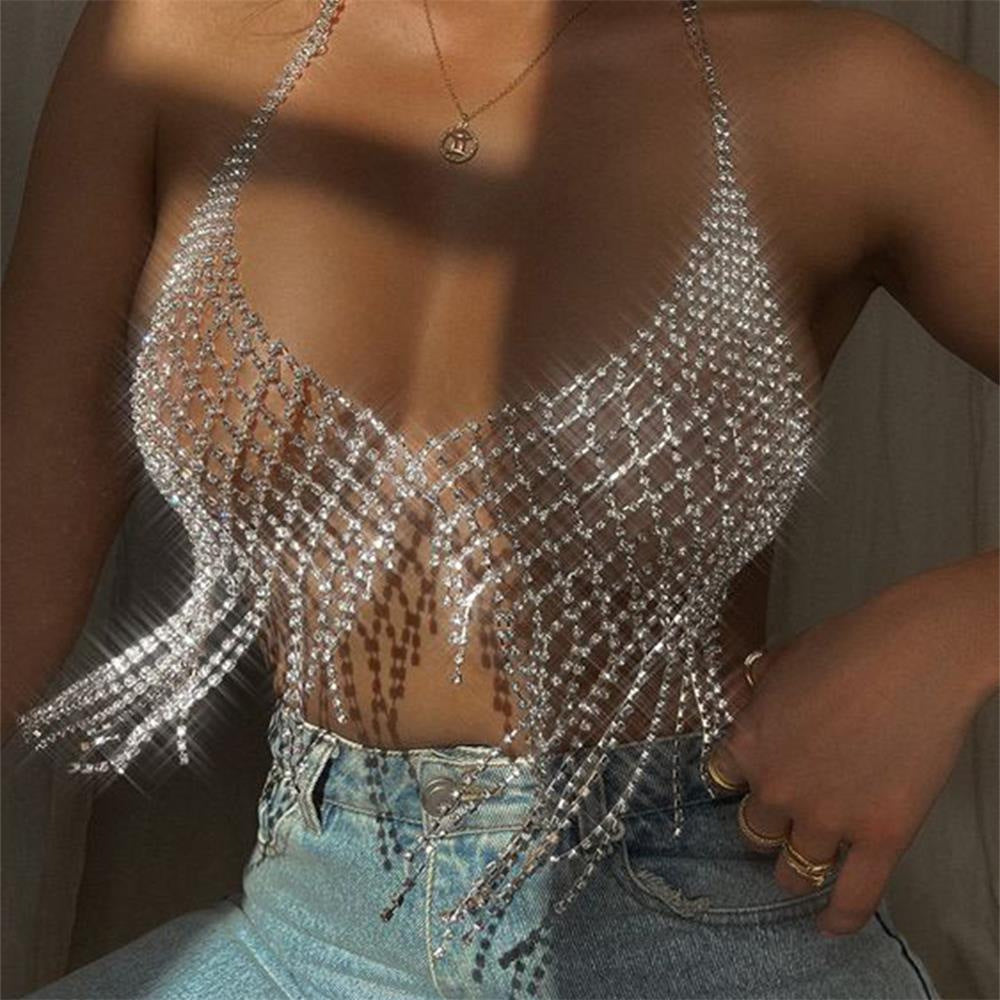 Nightclub Shiny Tassel Chest Necklace Grid Rhinestone Body Chains