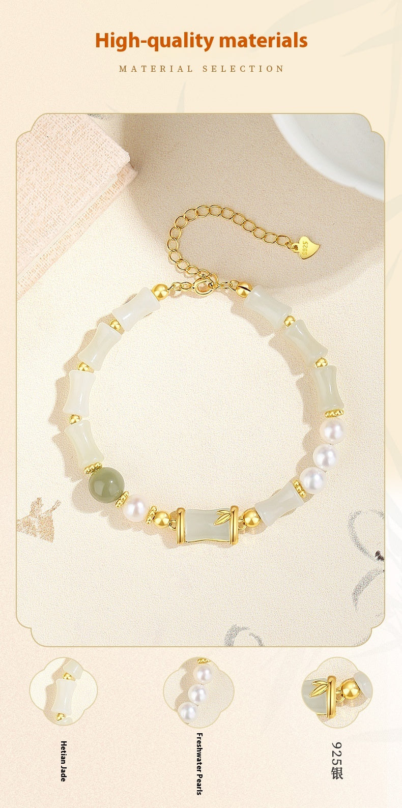 Hetian Jade Bamboo S925 Sterling Silver Niche Freshwater Pearl Bracelet