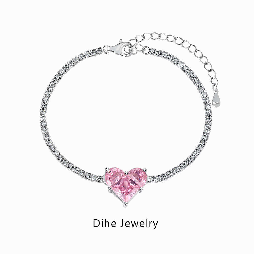 S925 Sterling Silver Women's Bracelet Oversized Love Main Stone Row Diamond Inlaid