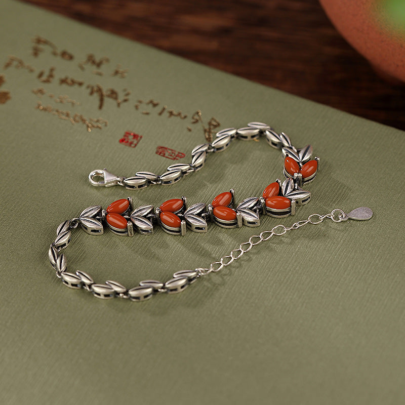 Sterling Silver South Red Vintage Personality Wheat Ears Bracelet