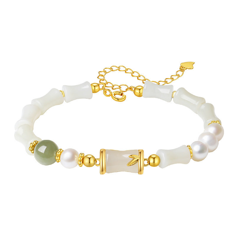 Hetian Jade Bamboo S925 Sterling Silver Niche Freshwater Pearl Bracelet