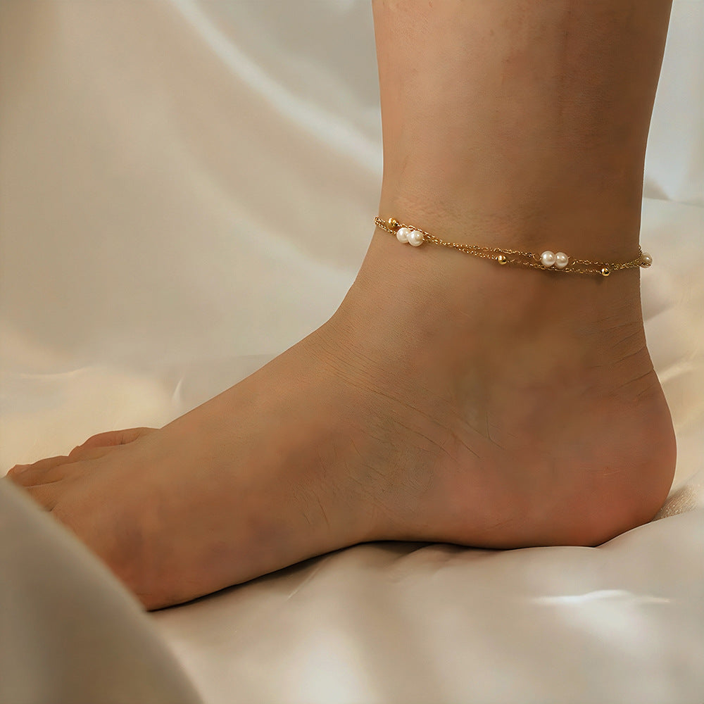 Womens Double-Layer Creative Beaded Multi-Strand Anklet