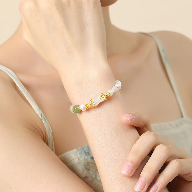 Hetian Jade Bamboo S925 Sterling Silver Niche Freshwater Pearl Bracelet