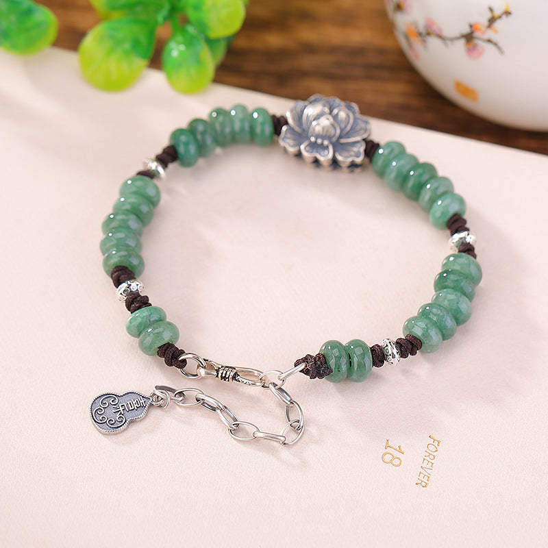 Yilu Silver S925 Sterling Silver Jade Vintage Distressed Peace Happy Gourd Lotus Braided Rope Bracelet Abacus Beads Bracelet
