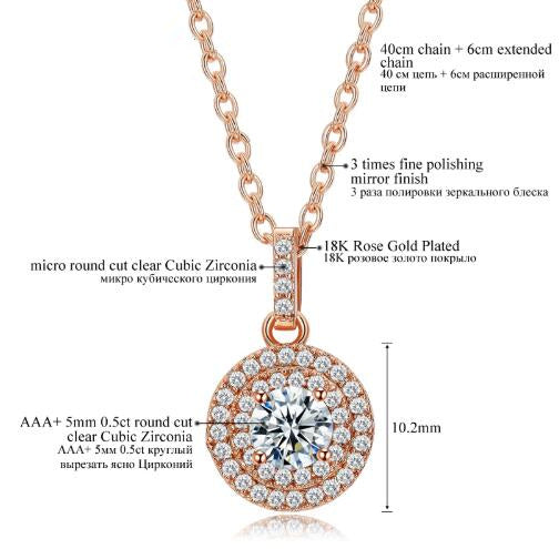Classical Design Halo 0.5ct CZ Stone White Gold Rose Gold Color Pendant Necklaces Jewelry For Women Collier