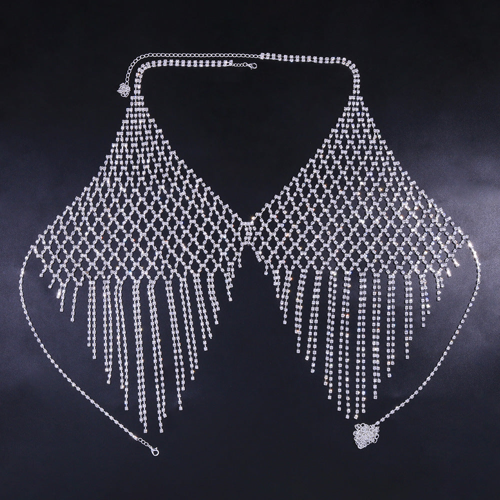 Nightclub Shiny Tassel Chest Necklace Grid Rhinestone Body Chains