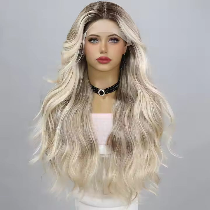 European And American Fashion T-shaped Lace Gold Gradient Wavy Curly Hair Wigs Shipped From Warehouse
