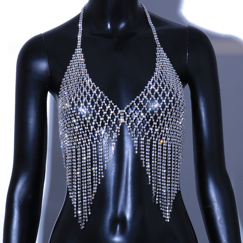 Nightclub Shiny Tassel Chest Necklace Grid Rhinestone Body Chains
