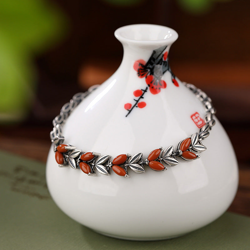 Sterling Silver South Red Vintage Personality Wheat Ears Bracelet